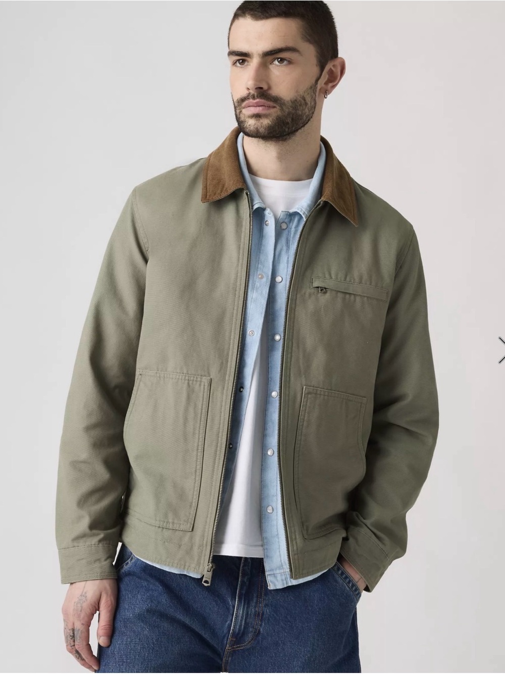 Levi's Olive Green Utility Workwear Jacket with Brown Corduroy Collar - Size M